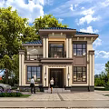 Detached Villa Exterior Design With Green Trees Lawn Car And People Near Entrance