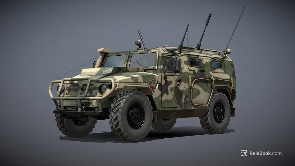 Military Armored Off Road Vehicle With Camouflage Paint Large Tires And Antennas 3d model 