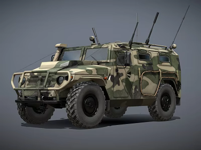 Military Armored Off Road Vehicle With Camouflage Paint Large Tires And Antennas 3d model