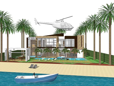 Luxury Detached Villa with Palm Trees Swimming Pool Boat and Helicopter Near Beachfront 3d model