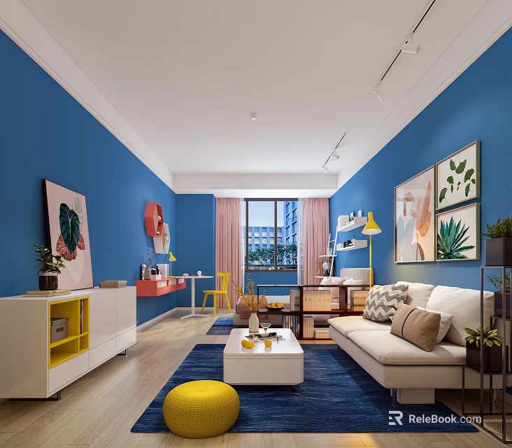 Vibrant Blue Wall Apartment Living Room With Sofa Coffee Table Yellow Stool And Wall Art 3d model 