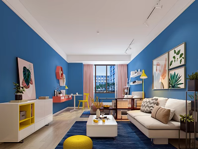 Vibrant Blue Wall Apartment Living Room With Sofa Coffee Table Yellow Stool And Wall Art 3d model