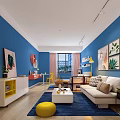 Vibrant Blue Wall Apartment Living Room With Sofa Coffee Table Yellow Stool And Wall Art
