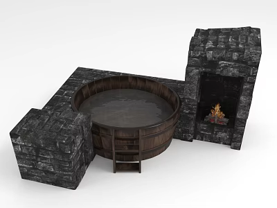 Wooden Barrel Bathtub with Stone Walls Fireplace Flames and Warm Bath Water for Daily Washing 3d model