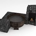 Wooden Barrel Bathtub with Stone Walls Fireplace Flames and Warm Bath Water for Daily Washing