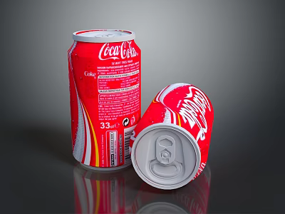 Coca Cola Soft Drink Red Cans Standing And Lying On Reflective Surface 3d model