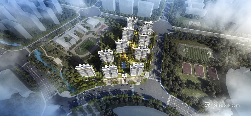Aerial Planning of Residential Community with Highrise Buildings Greenery and Roads 3d model 