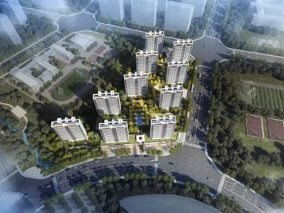 Aerial Planning of Residential Community with Highrise Buildings Greenery and Roads 3d model