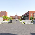 University Campus Entrance Gate with Red Brick Buildings Plaza and Blue Sky