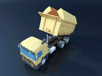 Yellow Functional Dump Truck with Open Bed 3D Model on Dark Background 3d model
