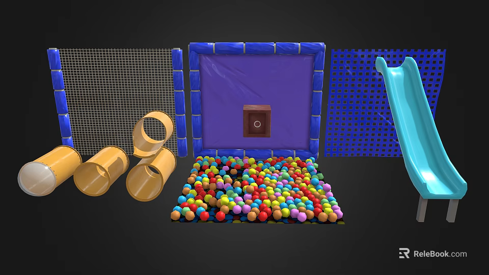 Playground Equipment Featuring Colorful Ball Pit Blue Inflatable Walls Yellow Rings And Blue Slide 3d model 