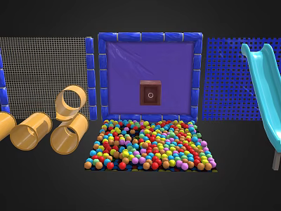 Playground Equipment Featuring Colorful Ball Pit Blue Inflatable Walls Yellow Rings And Blue Slide 3d model