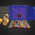Playground Equipment Featuring Colorful Ball Pit Blue Inflatable Walls Yellow Rings And Blue Slide