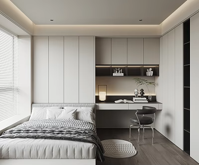 Minimalist Tatami Bedroom Interior With Platform Bed Desk And Storage Cabinets 3d model