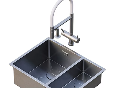Stainless Steel Double Bowl Kitchen Sink With Modern Faucet Design 3d model