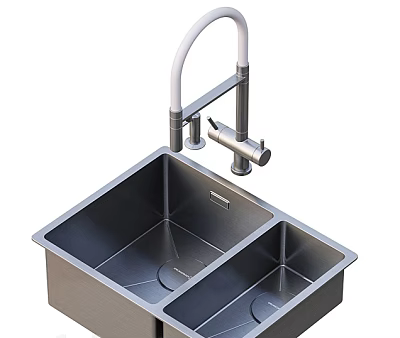 Stainless Steel Double Bowl Kitchen Sink With Modern Faucet Design 3d model