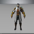 Steampunk Bearded Male Character With White Long Coat And Gold Blue Mechanical Armor