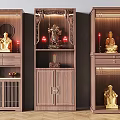 Traditional Chinese Wooden Buddhist Shrine Cabinet With Gold Statues Lit Candles And Classic Design