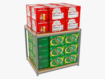 Budweiser Beer Boxes And Green Cartons On Display Shelf With Bottles And Glasses 3d model