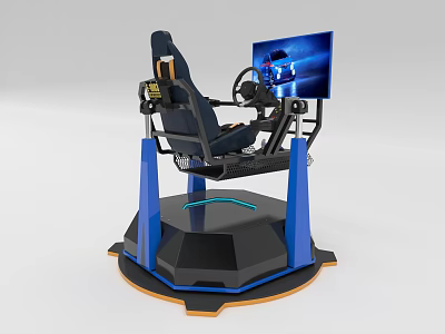 Modern Driving Simulator With Racing Seat Steering Wheel Display Screen And Blue Pillar Black Base 3d model