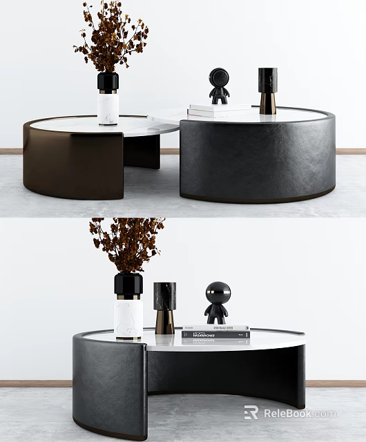 Modern Circular Coffee Table With White Top Leather Base And Decorative Vase Statue Books 3d model