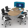Modern Conference Table With Wooden Top Black Office Chairs Blue Partition And Laptop