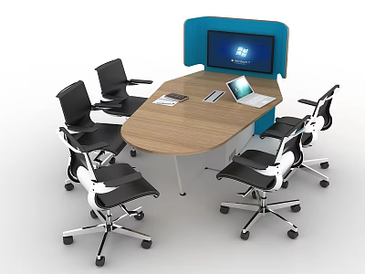 Modern Conference Table With Wooden Top Black Office Chairs Blue Partition And Laptop 3d model