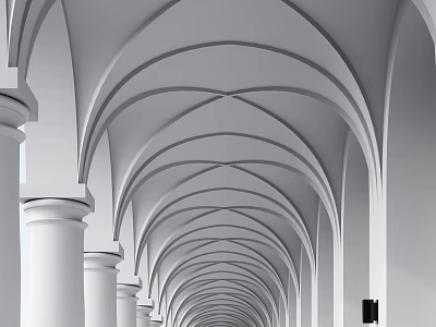 Elegant White Arched Arcade With Long Corridor Intricate Ceiling And Columns 3d model