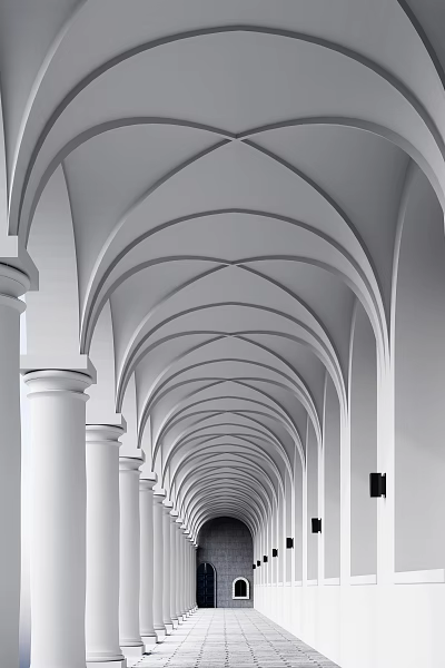 Elegant White Arched Arcade With Long Corridor Intricate Ceiling And Columns 3d model