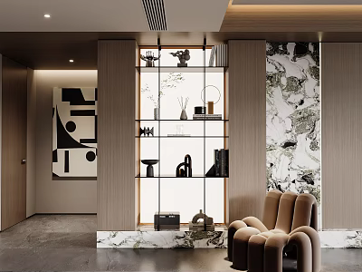 Modern Decorative Ornament Collection On Glass Display Cabinet With Marble Wall And Armchair 3d model