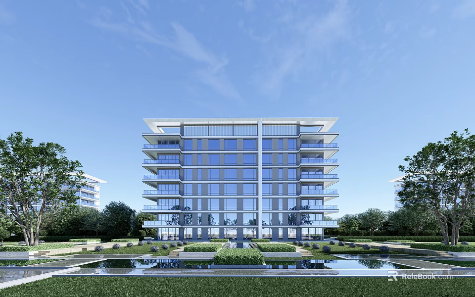 Modern Multi Story Building With Glass Curtain Wall Surrounded By Landscaped Gardens And Pool 3d model 