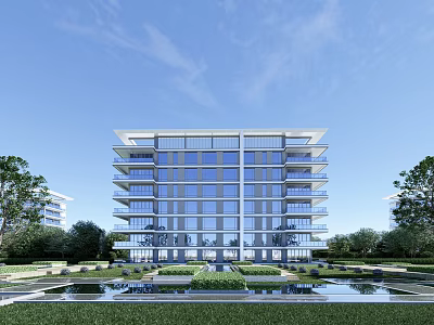Modern Multi Story Building With Glass Curtain Wall Surrounded By Landscaped Gardens And Pool 3d model
