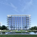 Modern Multi Story Building With Glass Curtain Wall Surrounded By Landscaped Gardens And Pool