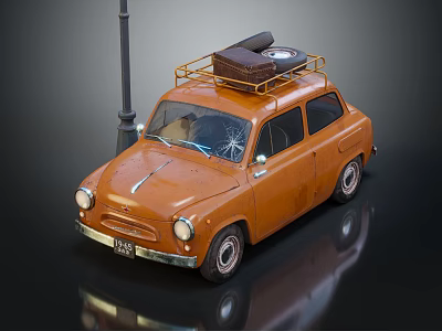 Orange Vintage Car With Roof Luggage And Street Lamp In Dark Setting 3d model