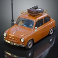 Orange Vintage Car With Roof Luggage And Street Lamp In Dark Setting