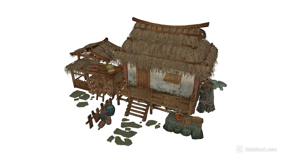 Traditional Thatched Roof Hut With Wooden Shed Stones Barrels And Fence 3d model 