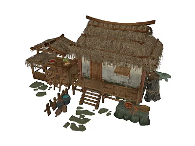 Traditional Thatched Roof Hut With Wooden Shed Stones Barrels And Fence 3d model