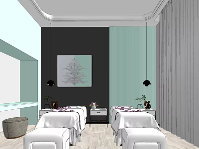 Relaxing SPA Sauna Interior With White Massage Tables Green Curtains Decorative Painting And Plants 3d model