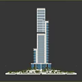 Modern High Rise Tower With Glass Facade Circular Base Surrounded By Water Pools And Greenery