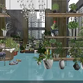 Plant Store With Display Shelves Hanging Lights Various Plants Decorative Pots And Light Blue Floor