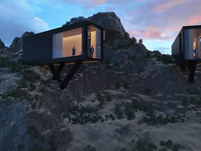 Container Style Hanging Boutique Guesthouse on Mountain Slope with Sunset Sky and Natural Landscape 3d model