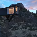 Container Style Hanging Boutique Guesthouse on Mountain Slope with Sunset Sky and Natural Landscape