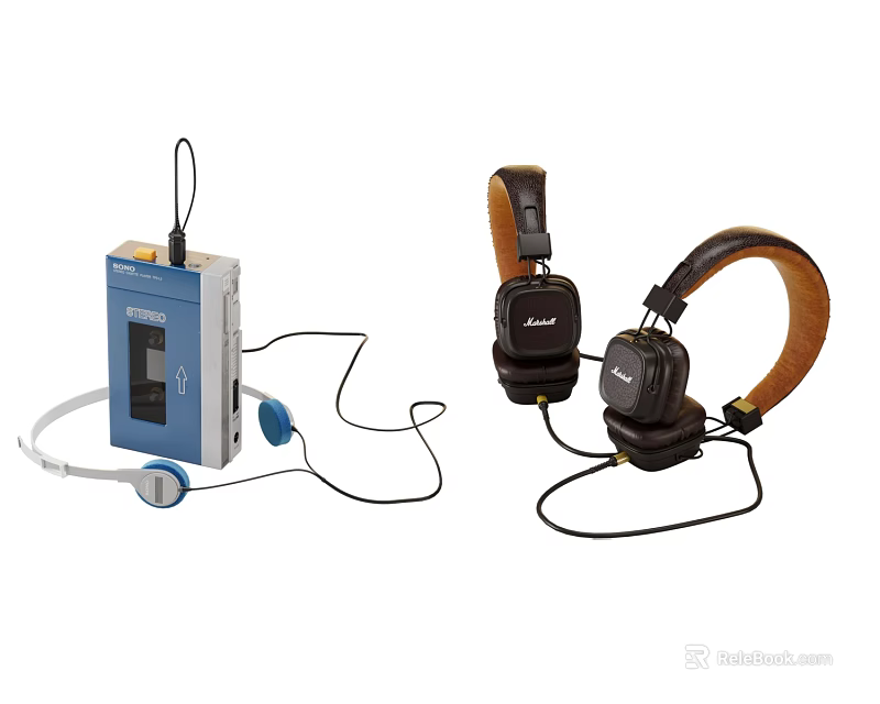Blue Portable Cassette Player With Wired Headphones And Earbuds Audio Devices 3d model 
