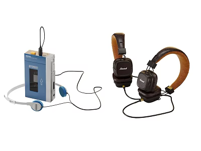 Blue Portable Cassette Player With Wired Headphones And Earbuds Audio Devices 3d model