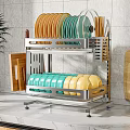 Stainless Steel Kitchen Utensil Organizer With Wooden Handle Knives Green Plates And Dish Drainer