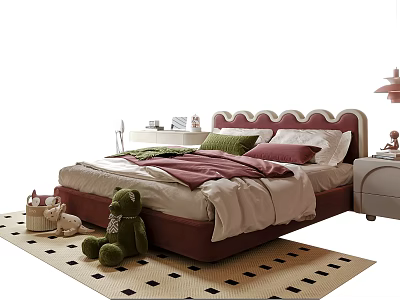 Kids Bed with Scalloped Headboard Pink Bedding Stuffed Bear Nightstand Lamp on Rug 3d model