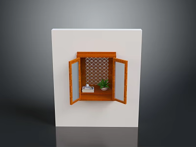 Stylish Built in Wooden Cabinet with Glass Doors Interior Shelf Holding Small Plant and Decor 3d model