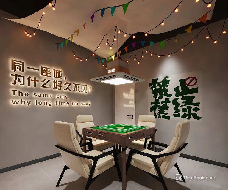 Hotel Mahjong Room Interior With Mahjong Table Chairs String Lights And Decorations 3d model 