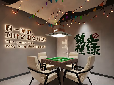 Hotel Mahjong Room Interior With Mahjong Table Chairs String Lights And Decorations 3d model