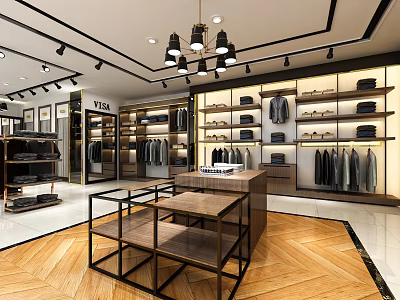 Modern Clothing Store Interior With Shelves Hanging Clothes Display Tables Chandeliers And Wooden Flooring 3d model